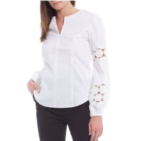 Donna Karan Eyelet Long Sleeve Blouse in White - Picture 8 of 9